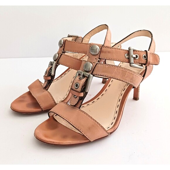 Coach T Strap Tan Leather Sandals Silver Buckle Studs Wood Stiletto Heel Sz 6.5 - Picture 6 of 10